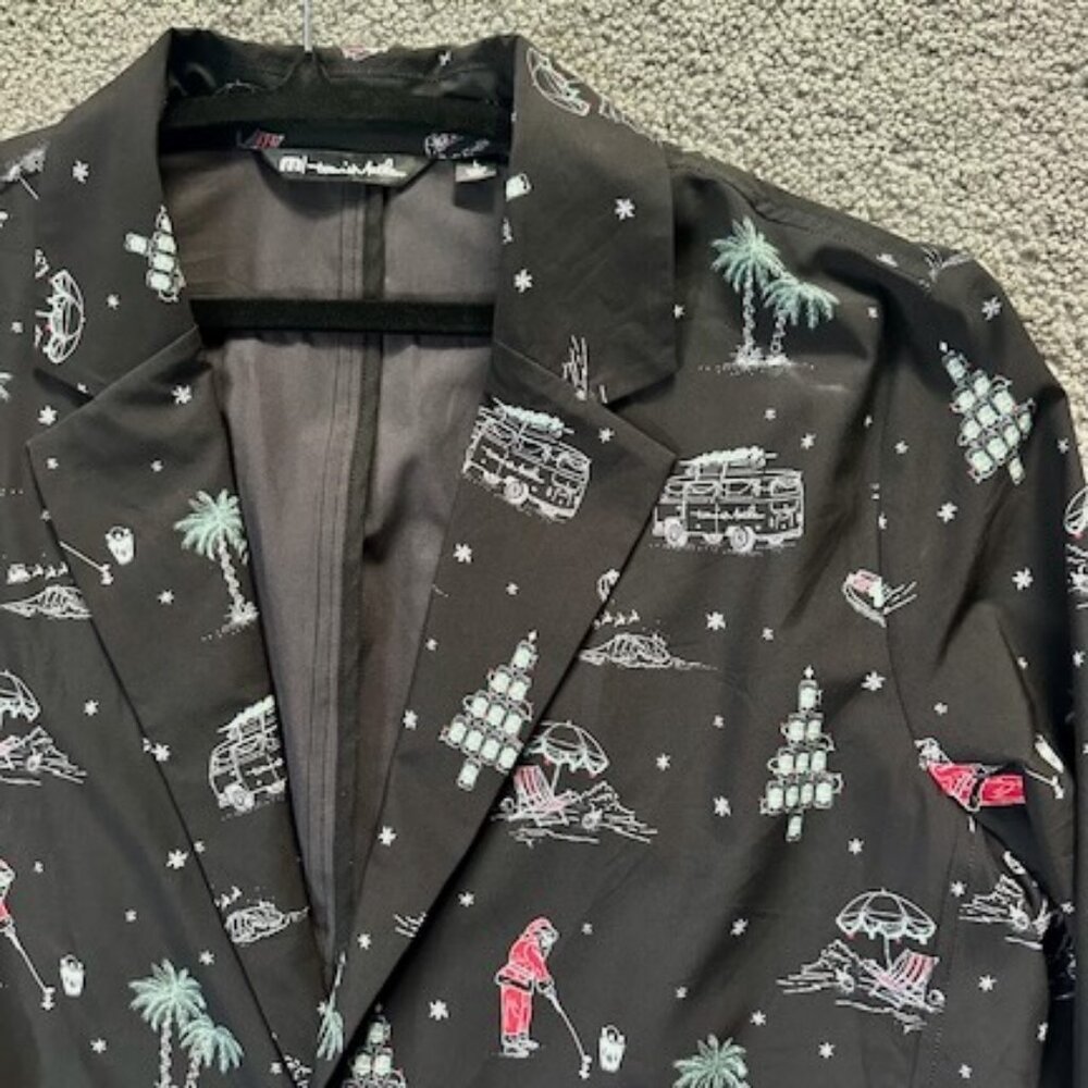 Travis Mathew Christmas blazer in Golfing Santa Design - Size Large - Black NWOT - Picture 2 of 7